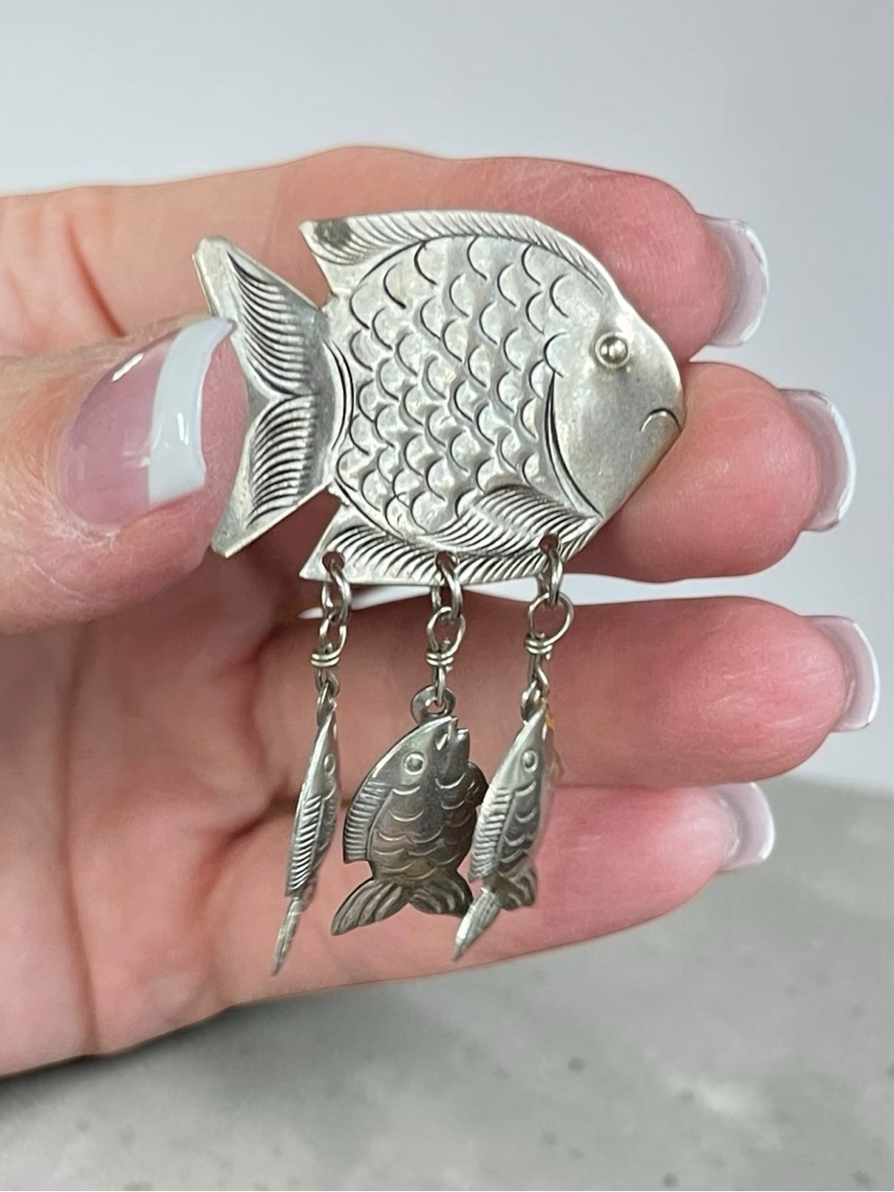 Vintage Silver Tone Articulating Fish Tassel Brooch